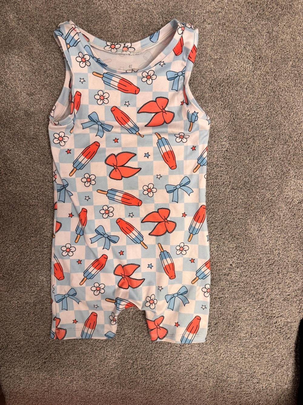Sleeveless Kids One-Piece Bodysuit in Light Blue with Red Popsicle Print